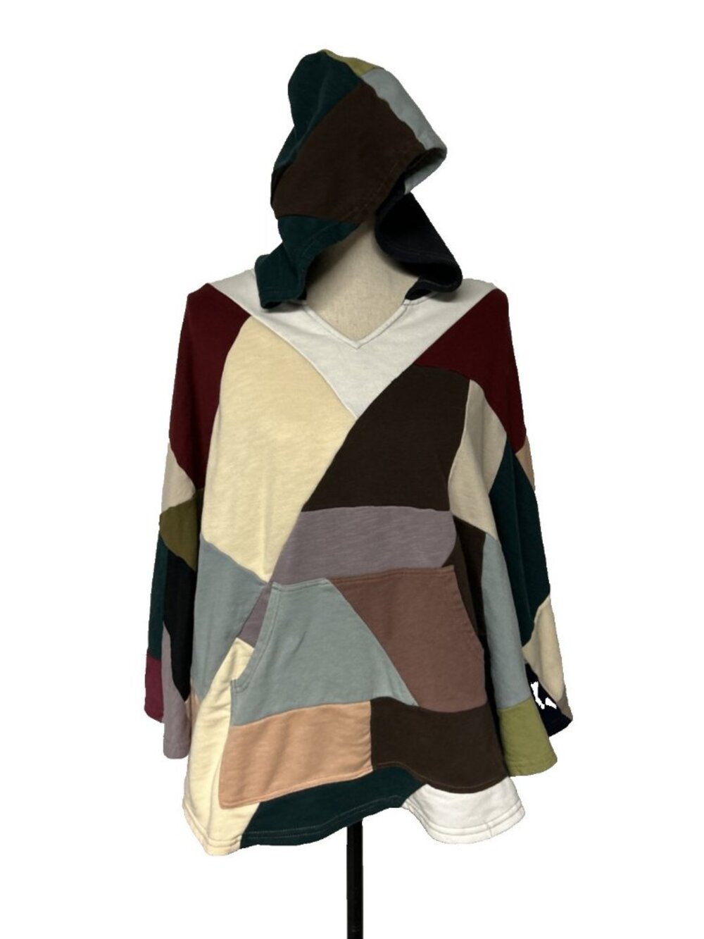 Yak & Yeti Women’s Poncho Style Hooded Top Multicolor Patchwork Boho Nepal